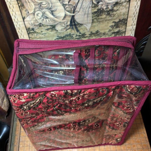 Travel Makeup Cosmetics Jewelry Bag Red Paisley Quilt Large 10”Lx8.25”Wx4”D GUC - Picture 5 of 17